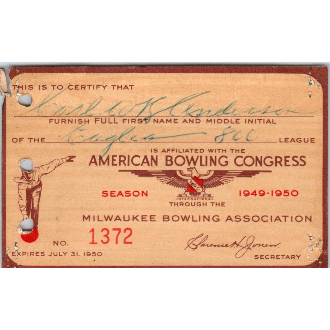 1949 American Bowling Congress Milwaukee Membership Card Eagles 800 SE5-24