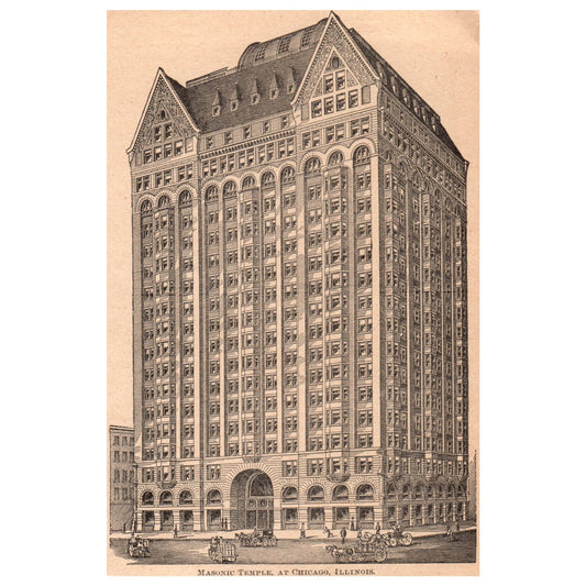 Masonic Temple at Chicago Illinois 4.5x6" Original Engraving 1899 AK5-H7