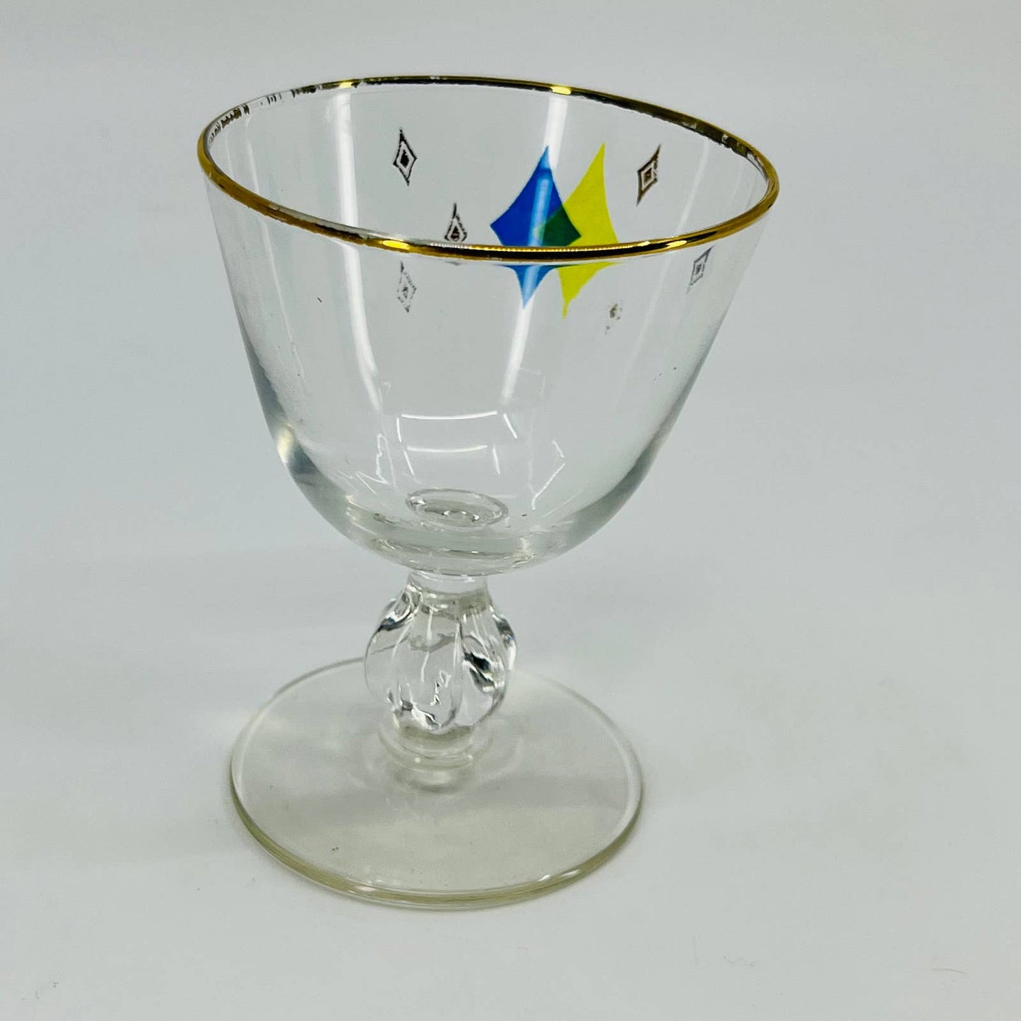 1950s Libbey Atomic Diamond Cordial Champagne Glass Yellow/Blue TD9