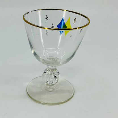 1950s Libbey Atomic Diamond Cordial Champagne Glass Yellow/Blue TD9