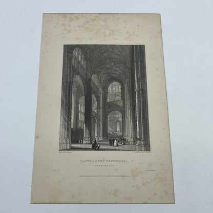 1836 Original Art Engraving Canterbury Cathedral View In the Nave AC6