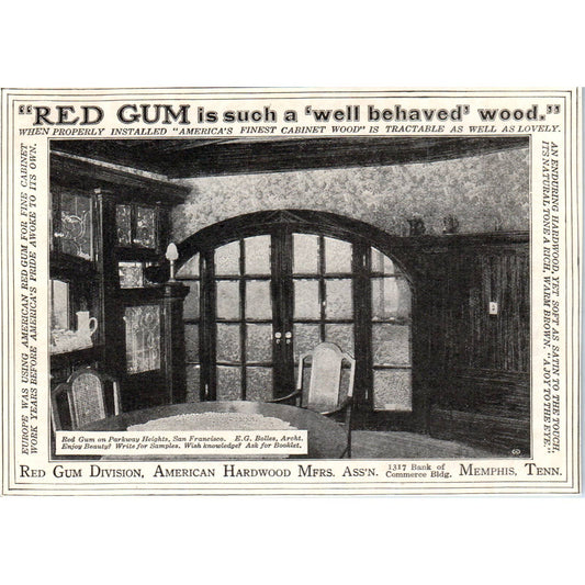 c1920 Harper's Magazine Ad -  Red Gum Cabinet Wood Memphis TN TF6-1