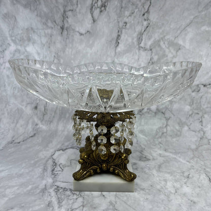 Vtg MCM Hollywood Regency Cut Lead Crystal Oblong Bowl Brass & Marble Stand TE3