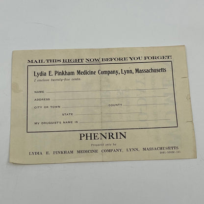 Antique Woman’s Phenrin Early Asprin Order Form Pinkham Medicine Co. Lynn MA D3