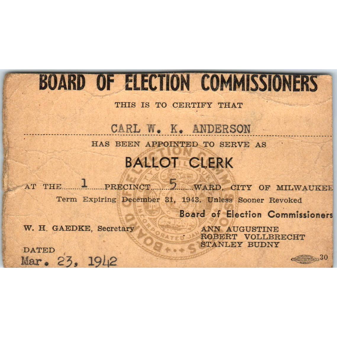 1942 Milwaukee Board of Election Commissioners Ballot Clerk ID Card SE5