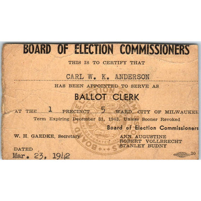1942 Milwaukee Board of Election Commissioners Ballot Clerk ID Card SE5