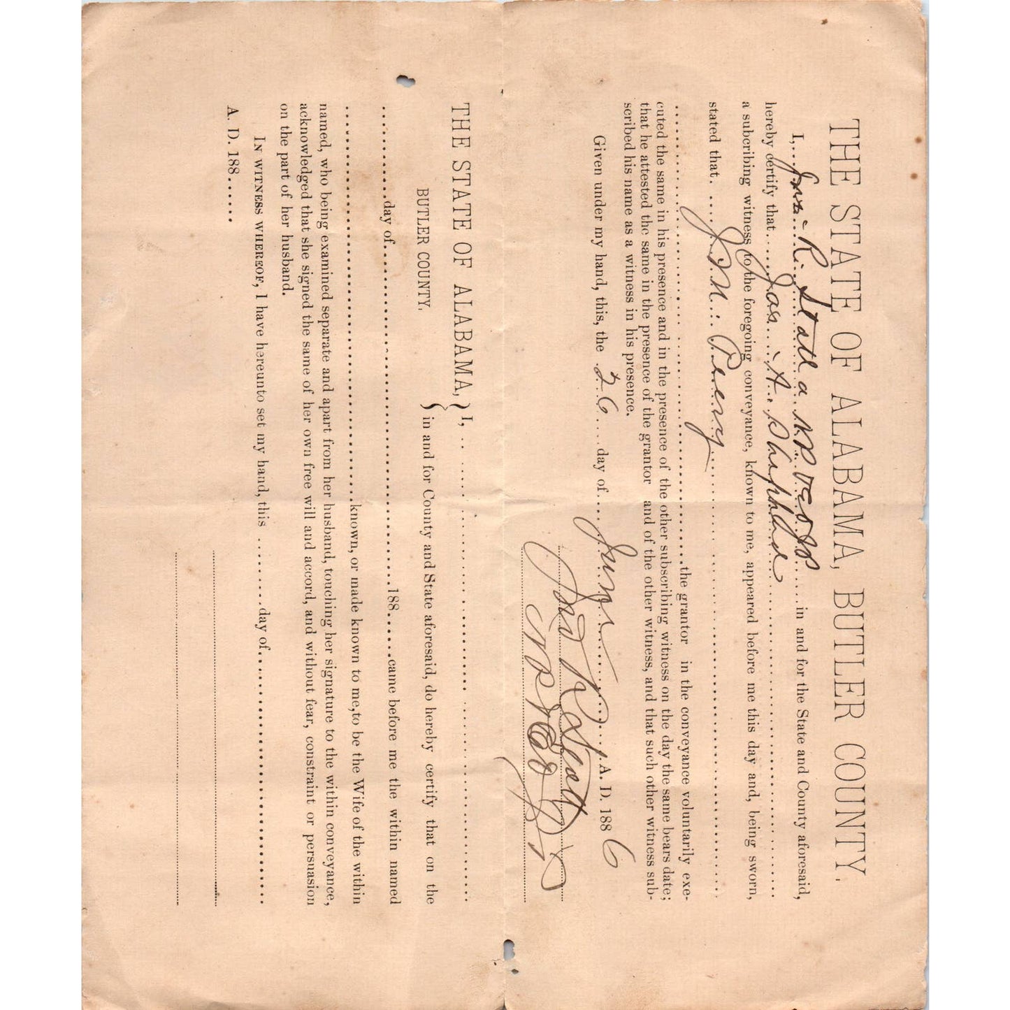 1886 State of Alabama Butler County Mortgage Deed J.M. Peevy AL AD6