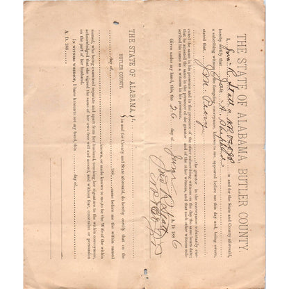 1886 State of Alabama Butler County Mortgage Deed J.M. Peevy AL AD6