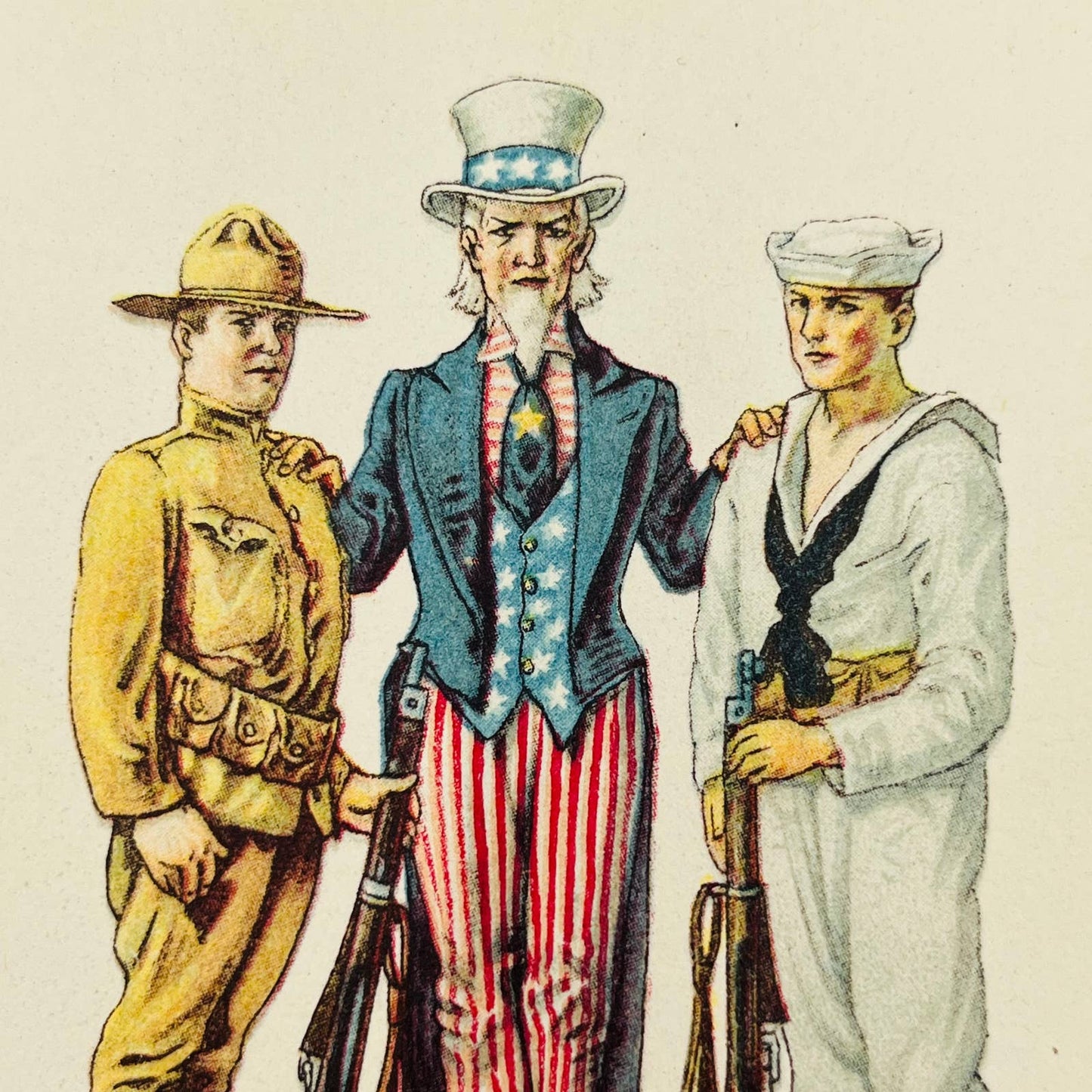 c1918 Postcard WWI Army Navy Soldiers Uncle Sam United for Right & Fair Play PA9