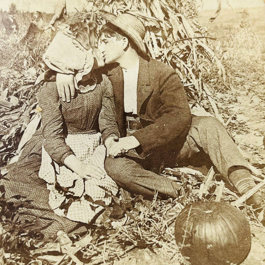 c1880 Stereoview Card Man and Woman Kissing in Pumpkin Patch Autumn Halloween