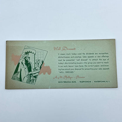 1930s Blotter Card Well Dressed A.M. Phillips Printer Watertown NY SC8