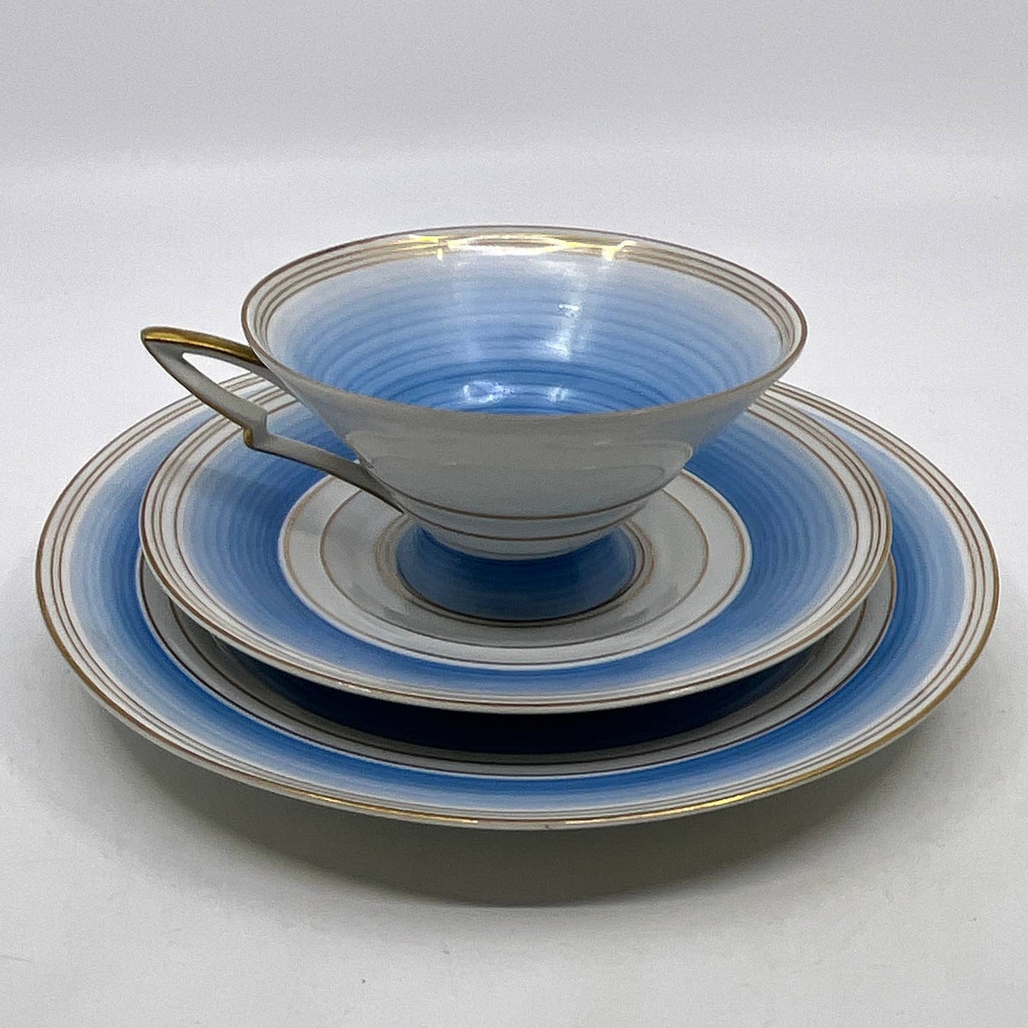 Arzberg Bavaria MCM Blue Concentric Rings Trio Tea Cup Saucer Dessert Plate TI3