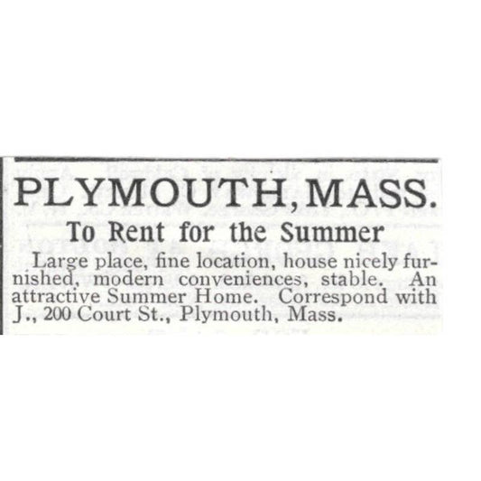 Plymouth Mass Home For Rent 200 Court Street - 1903 Original Ad TJ8-7-5