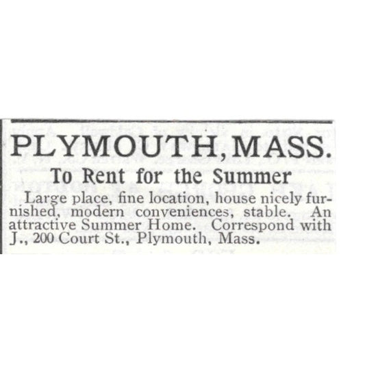 Plymouth Mass Home For Rent 200 Court Street - 1903 Original Ad AK5-S30