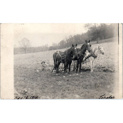 Antique Postcard RPPC Small Boy w/ Large Hat Behind Horse Drawn Plow SE8