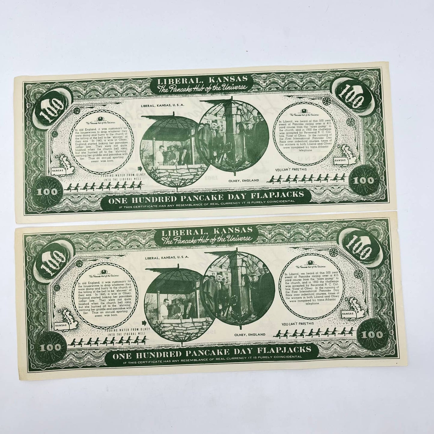 1961 Liberal Kansas Pancake Day Certificate Set of 2 Funny Money TF7