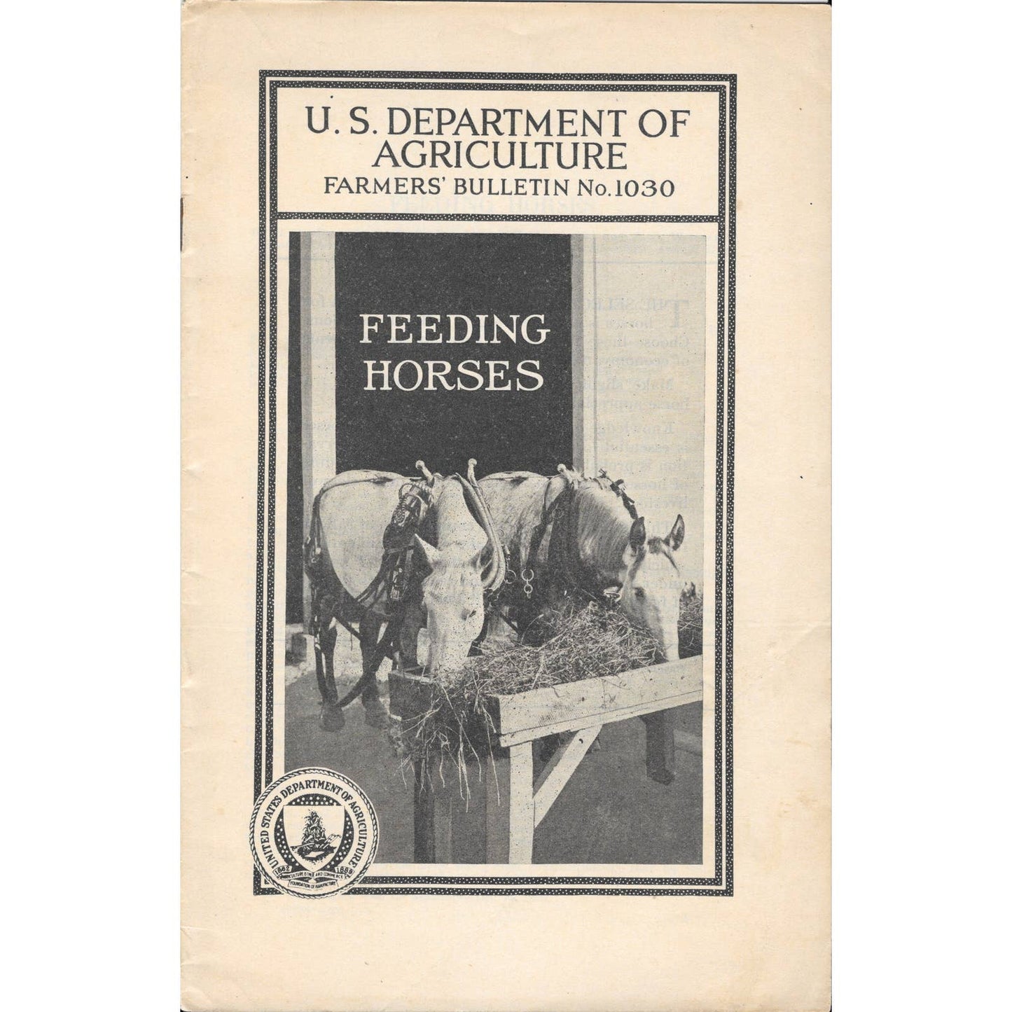 1927 US Department Of Agriculture Farmers' Bulletin No. 1030 Feeding Horses TJ7