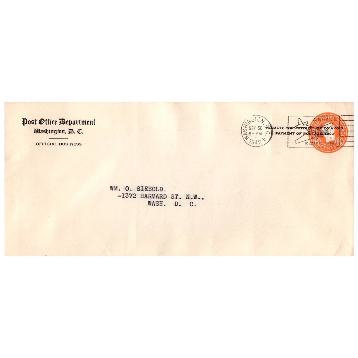 1940 9-23 Postal Cover Post Office Dept Washington DC Official Business AD8