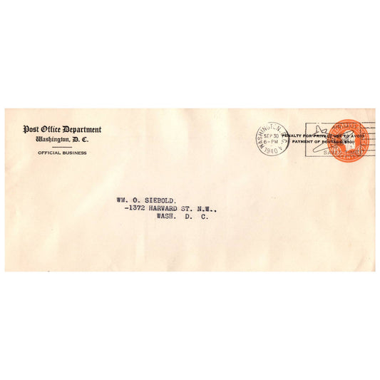 1940 9-23 Postal Cover Post Office Dept Washington DC Official Business AD8