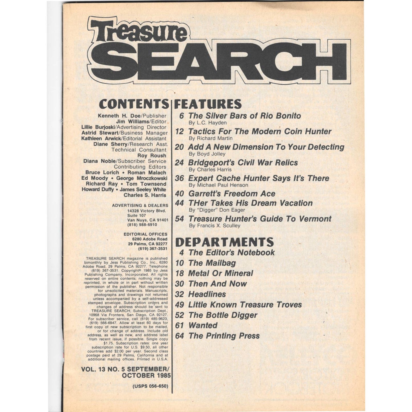 Treasure Search Magazine 1985 Sept/Oct Metal Detecting Gold Diamonds M2