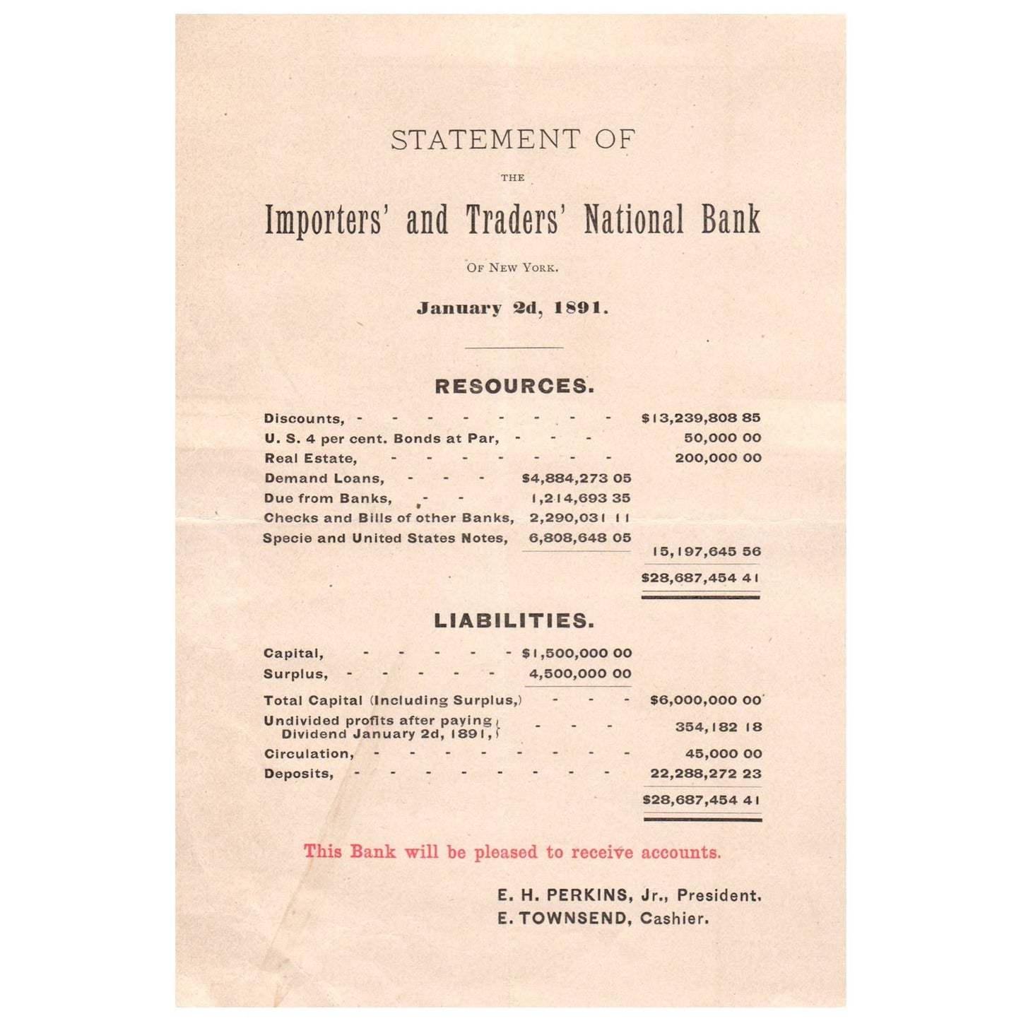 1891 Statement of the Importers' and Traders' National Bank E.H. Perkins AD8