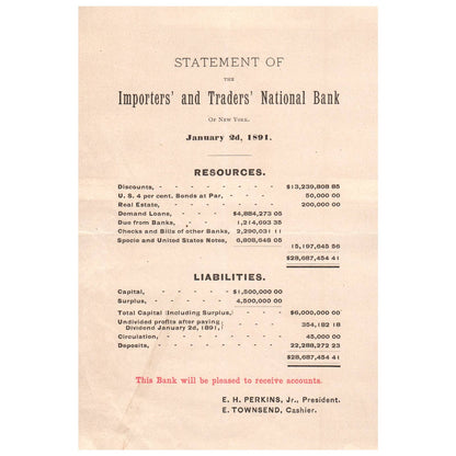 1891 Statement of the Importers' and Traders' National Bank E.H. Perkins AD8