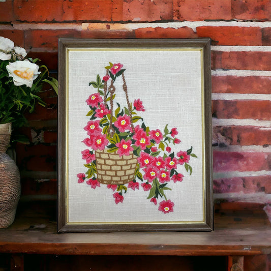 1970s Embroidery Crewel Wall Art Basket Of Pink Flowers Peonies 14.5x11.75"