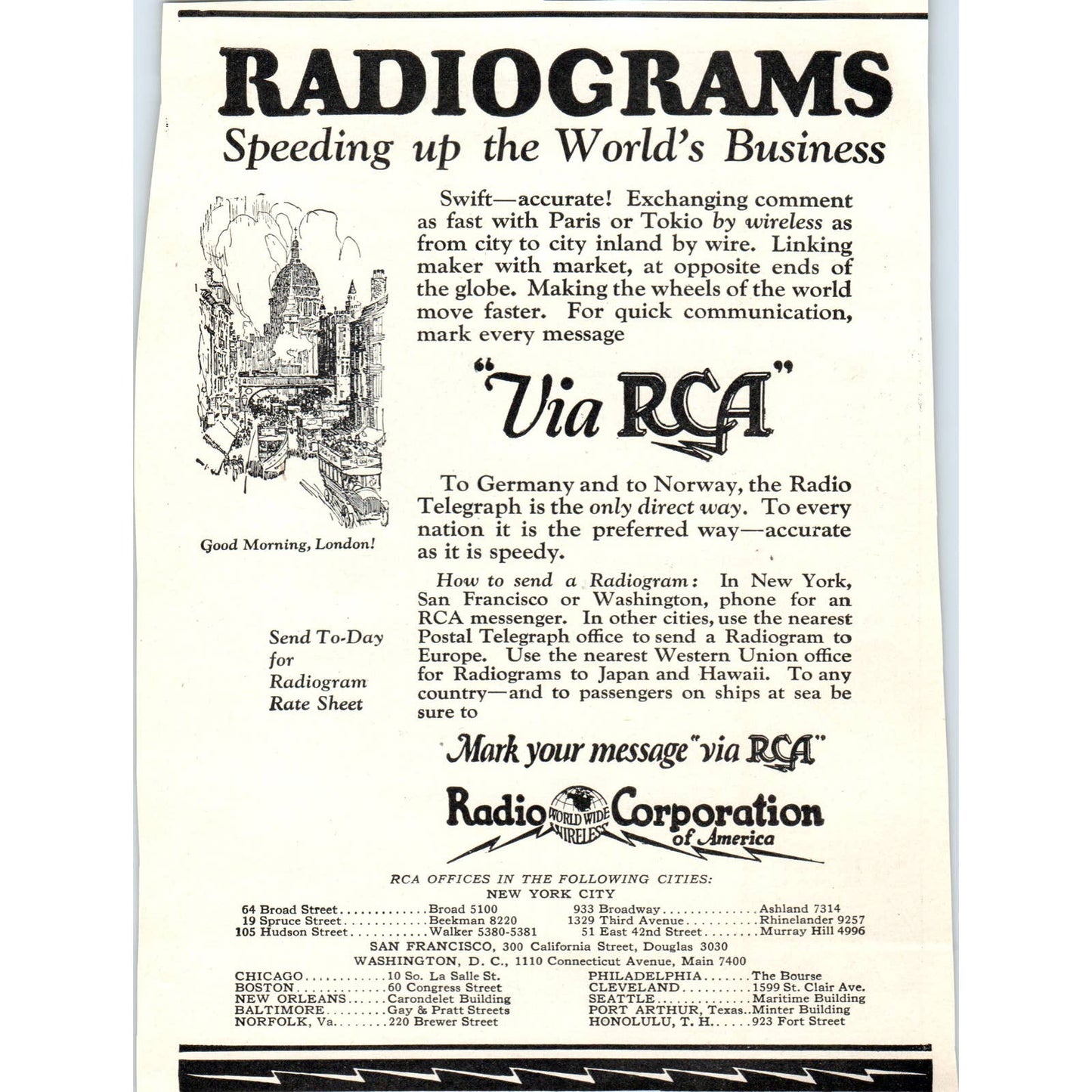 c1920 Harper's Magazine Ad Radiograms via RCA Radio Corporation of America TF6-1