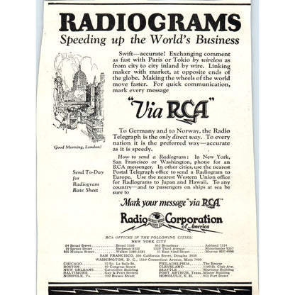 c1920 Harper's Magazine Ad Radiograms via RCA Radio Corporation of America TF6-1