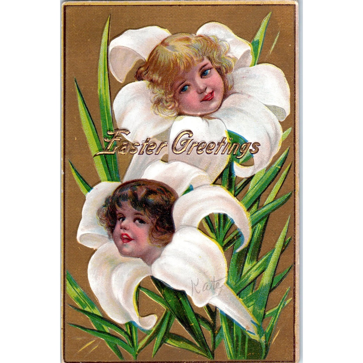 Easter Lilies Face in Flower Winsch Back Embossed c1910 Original Postcard P1-12