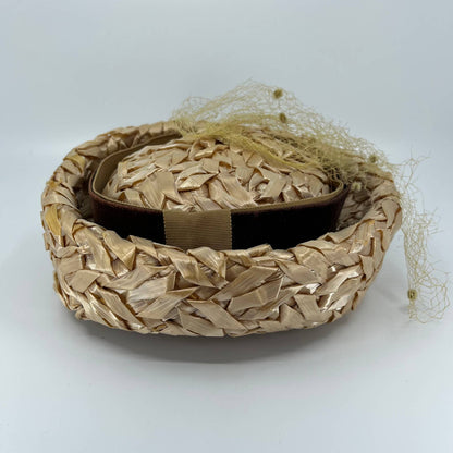 Vintage Women’s Straw Woven Pillbox  Hat With Brown Velvet Bow and Netting HB1