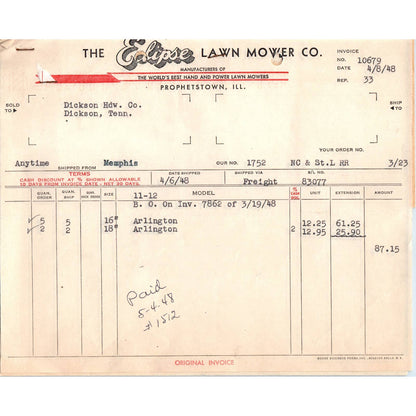 1948 The Eclipse Lawn Mower Co. Billhead Set Prophetstown IL AD5-2