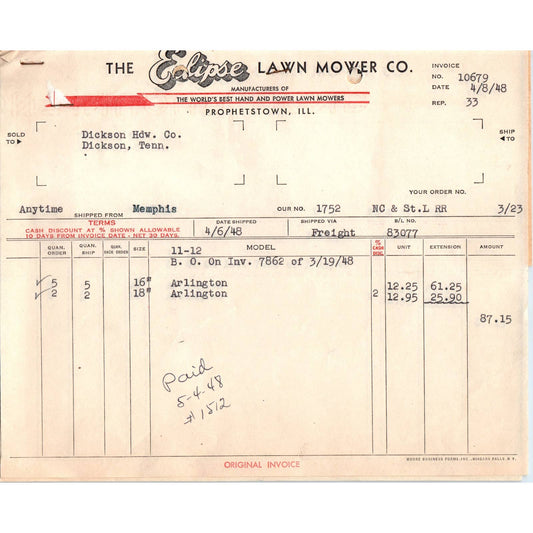 1948 The Eclipse Lawn Mower Co. Billhead Set Prophetstown IL AD5-2