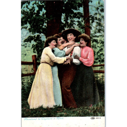 Resolved to Capture a Man c1910 Victorian Tinted Original Postcard TK1-P18