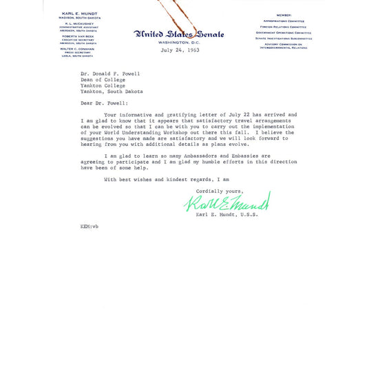 South Dakota Senator Karl Mundt Official Letterhead Signed Memo 1963 TK1-P6