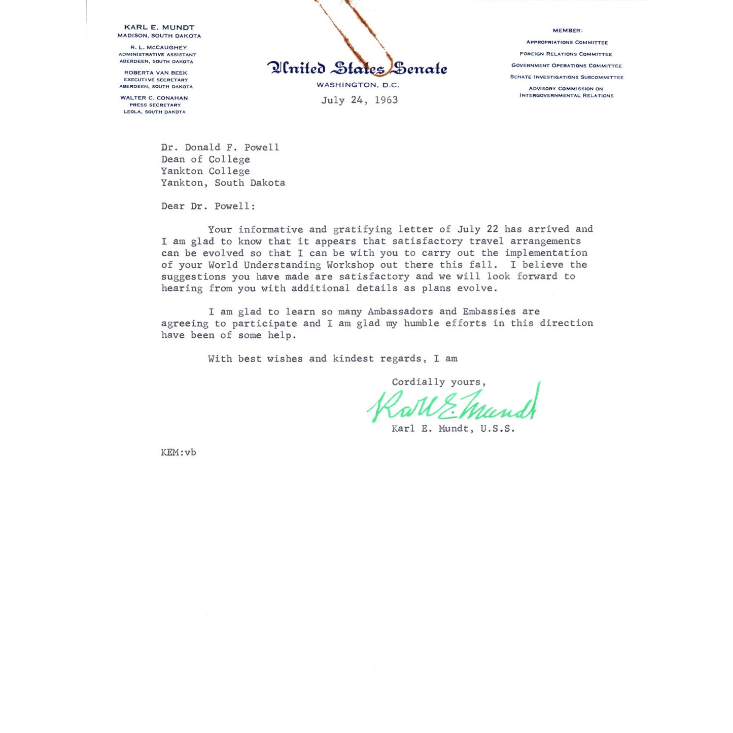 South Dakota Senator Karl Mundt Official Letterhead Signed Memo 1963 B11