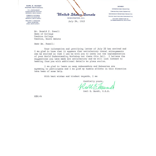 South Dakota Senator Karl Mundt Official Letterhead Signed Memo 1963 B11