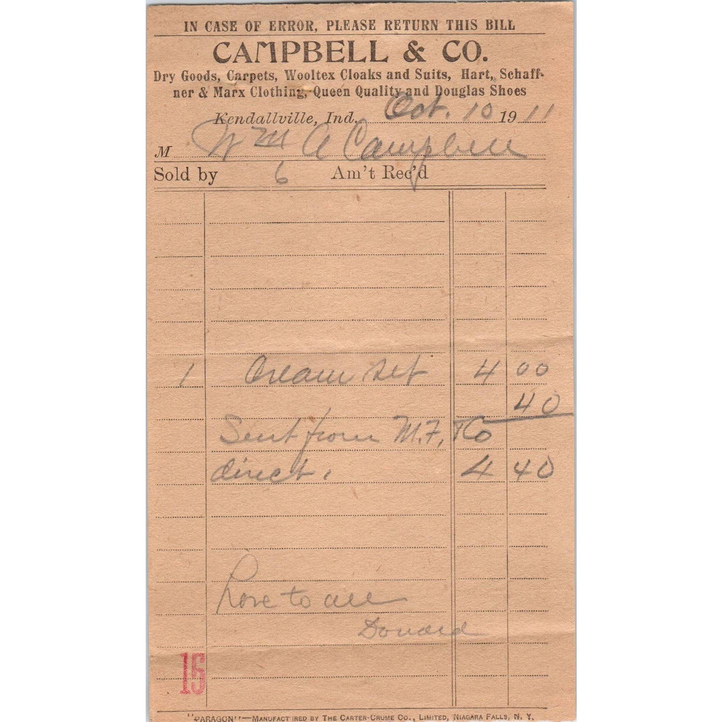 1911 Campbell & Co. Hart Schaffner & Marx Clothes Receipt Kendallville IN AD8