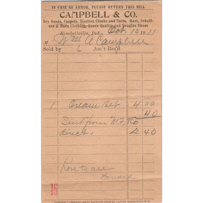 1911 Campbell & Co. Hart Schaffner & Marx Clothes Receipt Kendallville IN AD8