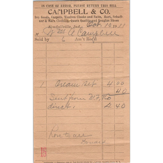 1911 Campbell & Co. Hart Schaffner & Marx Clothes Receipt Kendallville IN AD8