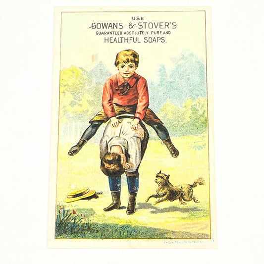 1880s Victorian Trade Card Gowans & Stover's Healthful Soap Boys Leap Frog AB6