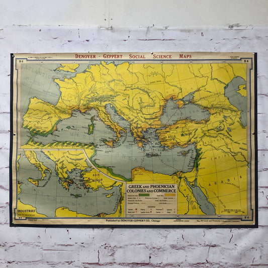 LARGE 1957 Denoyer-Geppert Co. Wall Map Ancient Greek and Phoenician Colonies