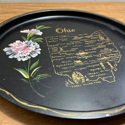 Vintage Black & Gold Metal State Souvenir Plate Tray Ohio Hand Painted 11” TG7