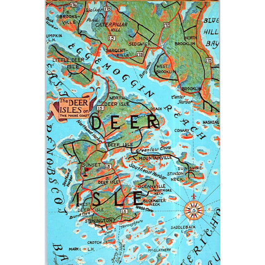 Road Map to the Deer Isles on the Coast of Maine Original Postcard P2-3