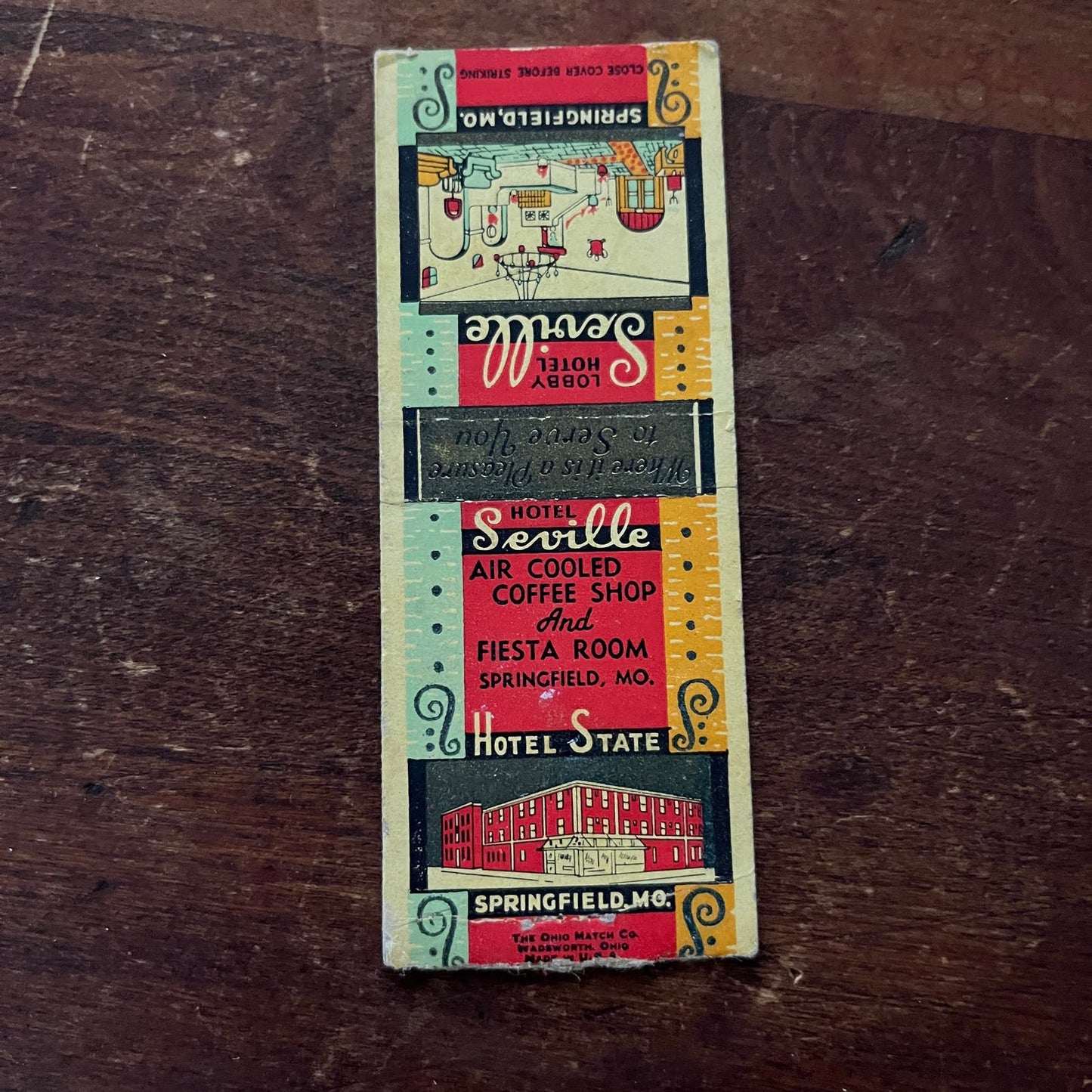 Hotel Seville Fiesta Room Springfield MO Advertising Matchbook Cover SB3-M3