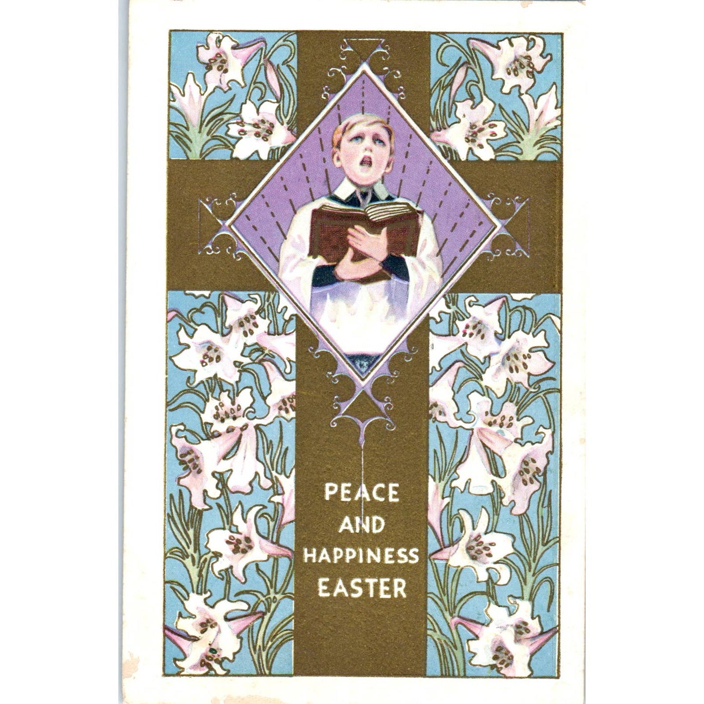 Easter Choir Boy Singing Embossed 1935 Original Postcard TJ9-P2