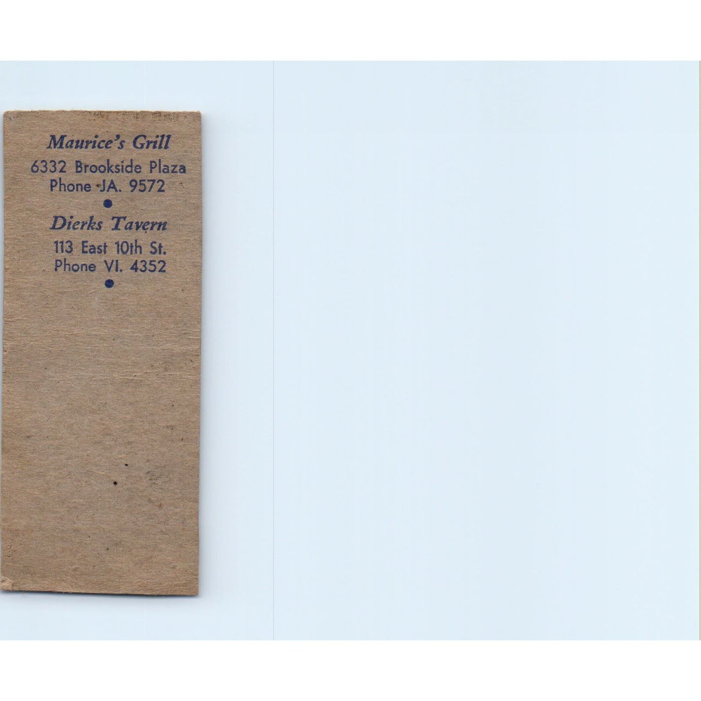 Maurice's Grill Dierks Tavern Kansas City MO Advertising Matchbook Cover SA9-M6