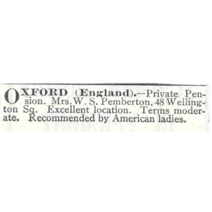 Oxford England Private Pension Mrs. W.S. Pemberton - 1903 Original Ad TJ8-7-7