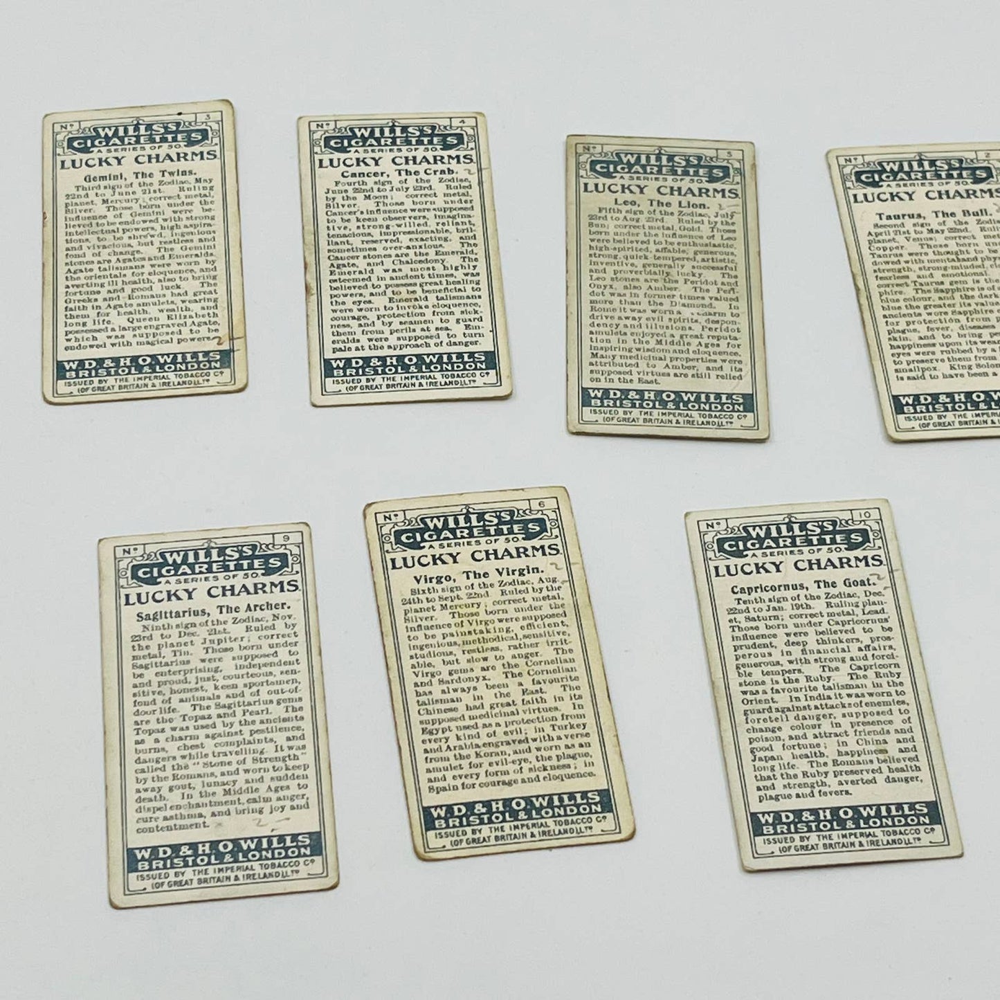 Will’s Cigarette Cards LUCKY CHARMS Lot of 7 Cards 2,3,4,5,6,9,10 EA2