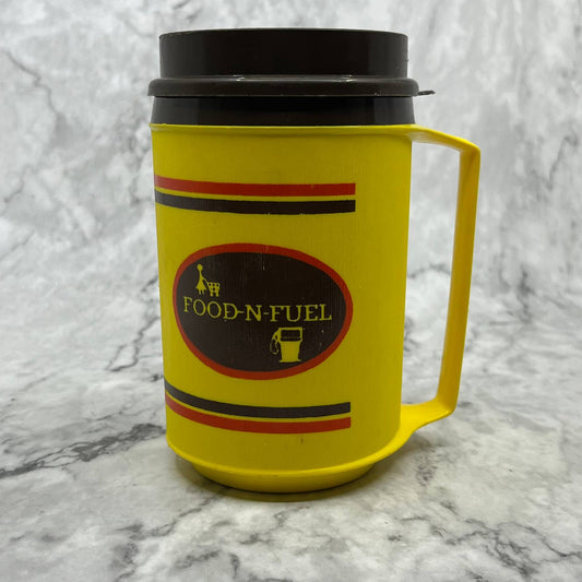 Retro Food-n-Fuel Aladdin Travel Mug Coffee Cup Thermos Brown Yellow TK1